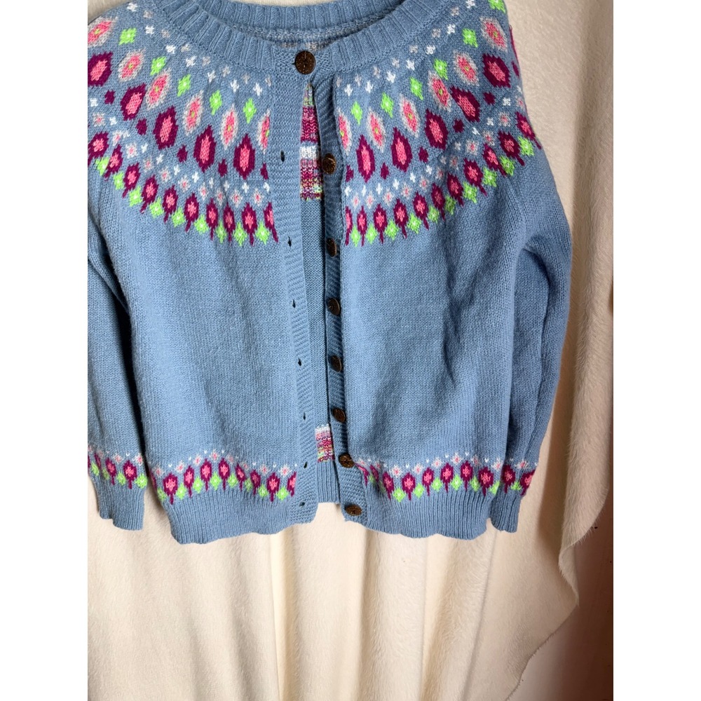 Blue Fair Isle Cardigan Sweater 2XL Geometric Yoke Button Front Knit Top